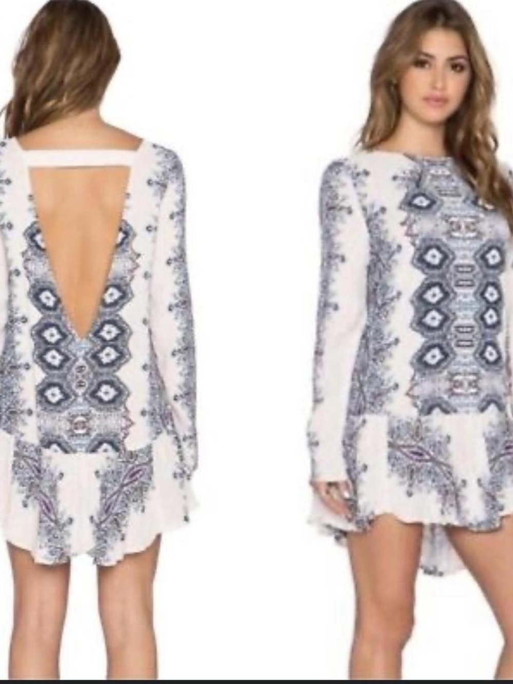 Free People Smooth Talker Printed Long-Sleeve Open-Back Mini Dress